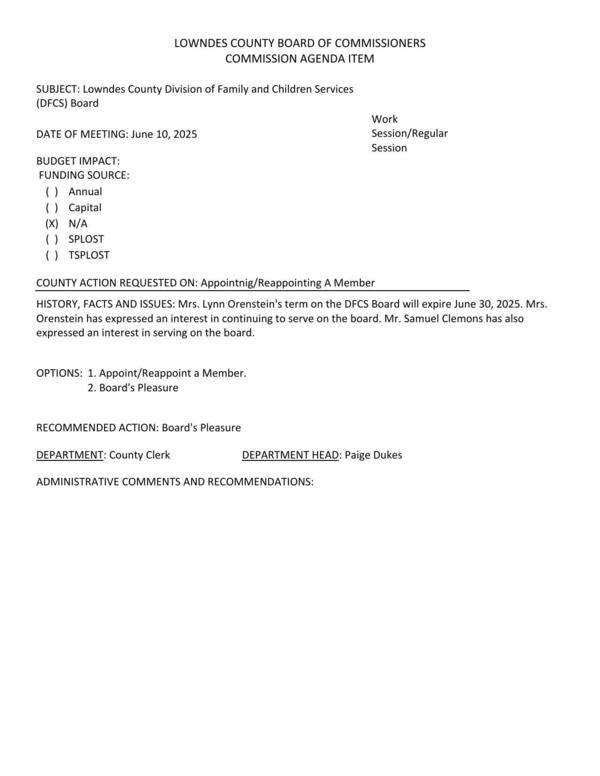 [Lynn Orenstein would like to be reappointed and Samuel Clemons would like to be appointed.]