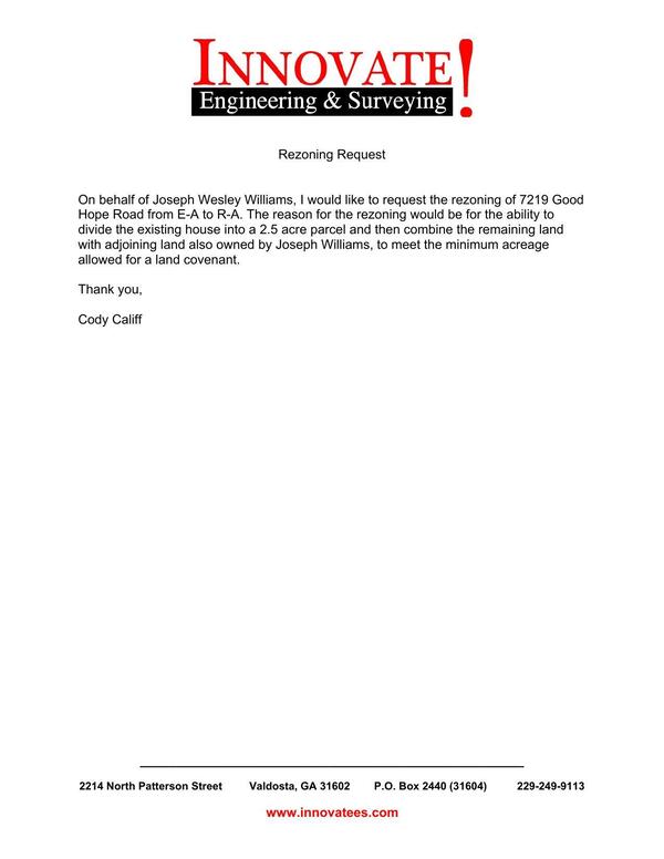 Rezoning request on behalf of Joseph Wesley Williams by Cody Califf, Innovate! Engineering & Surveying