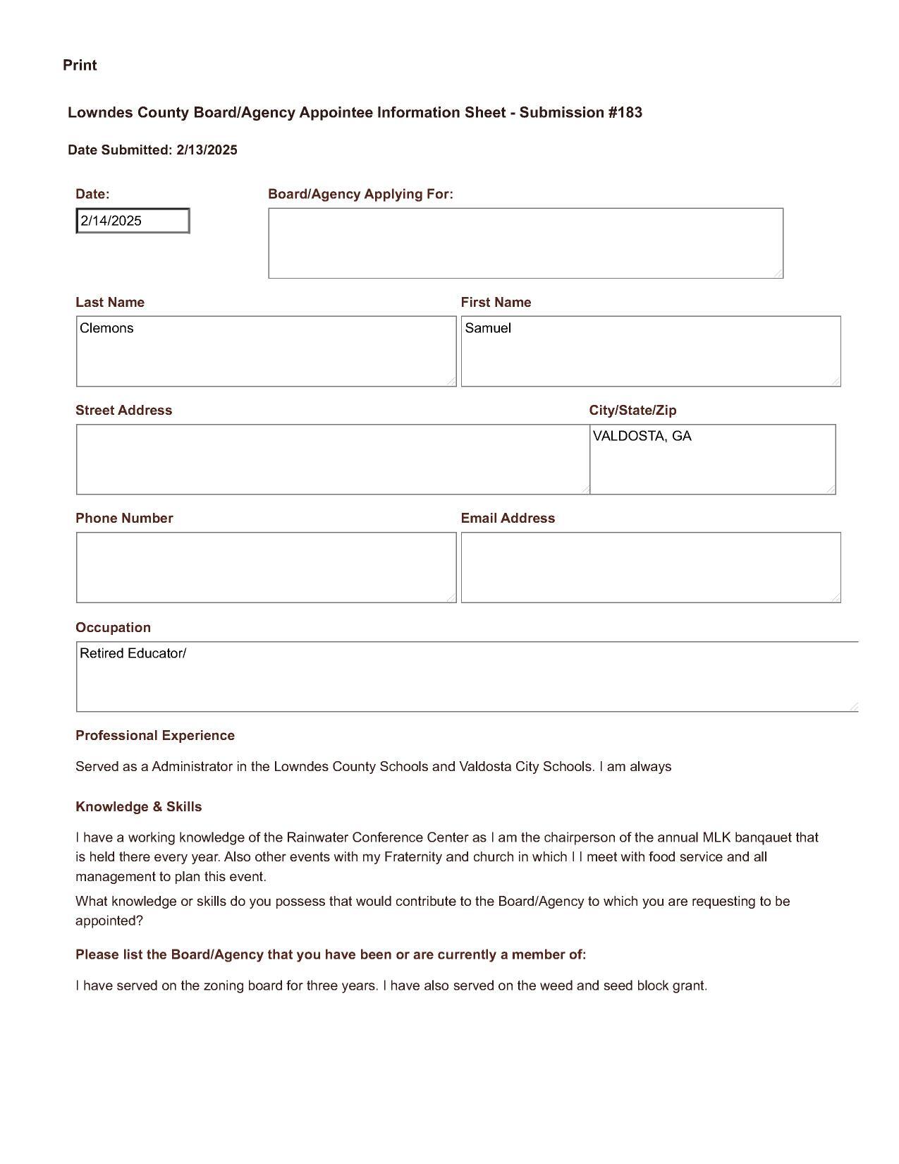 Samuel Clemons application.