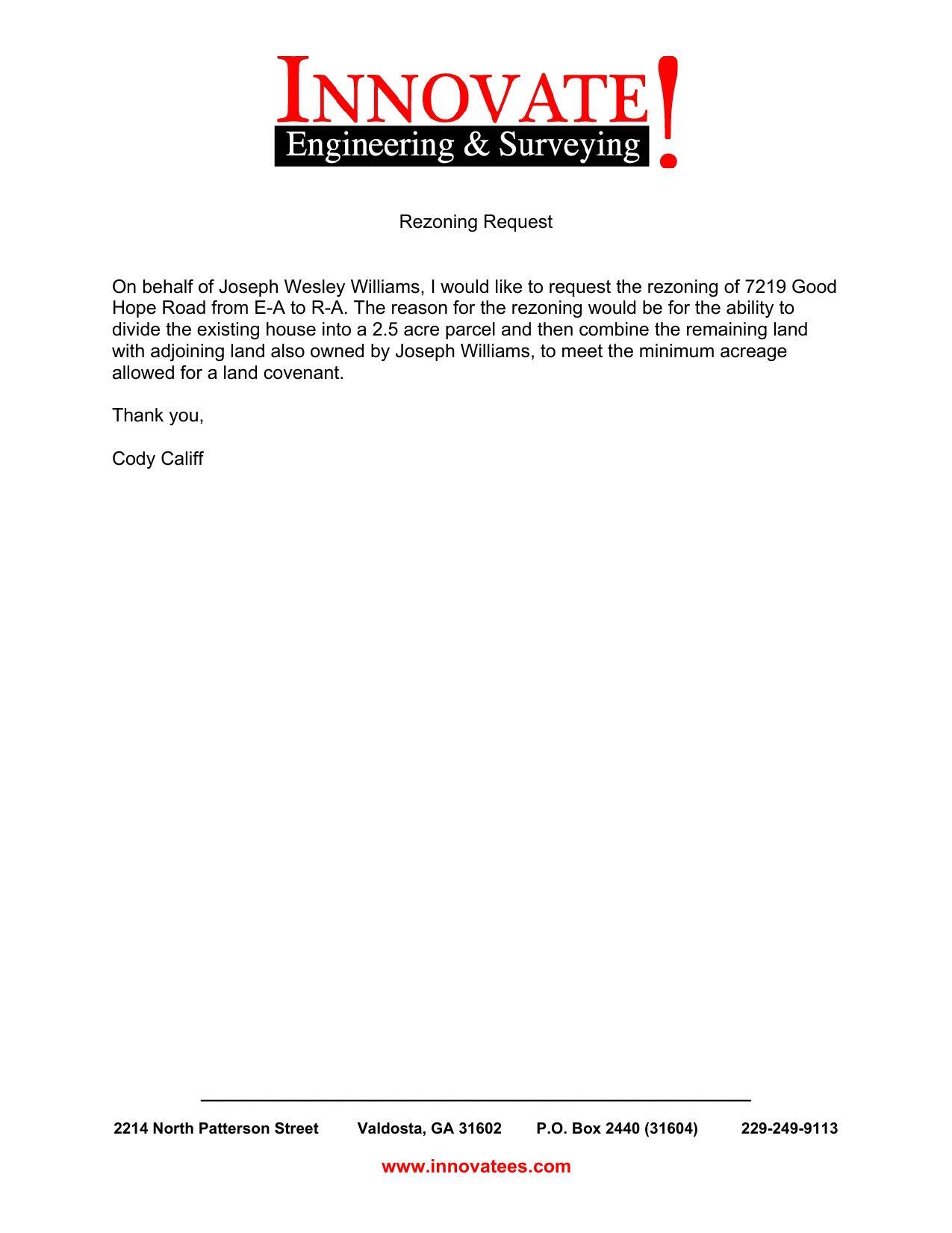 Rezoning request on behalf of Joseph Wesley Williams by Cody Califf, Innovate! Engineering & Surveying