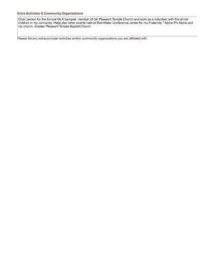 [Chair person for the Annual MLK banquet, member of Gtr Pleasant Temple Church and work as a volunteer with the at risk...]