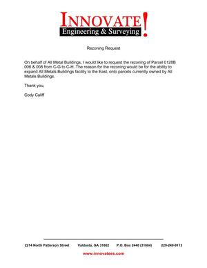 [Rezoning application on behalf of All Metal Buildings by Cody Califf, Innovate! Engineering & Surveying]