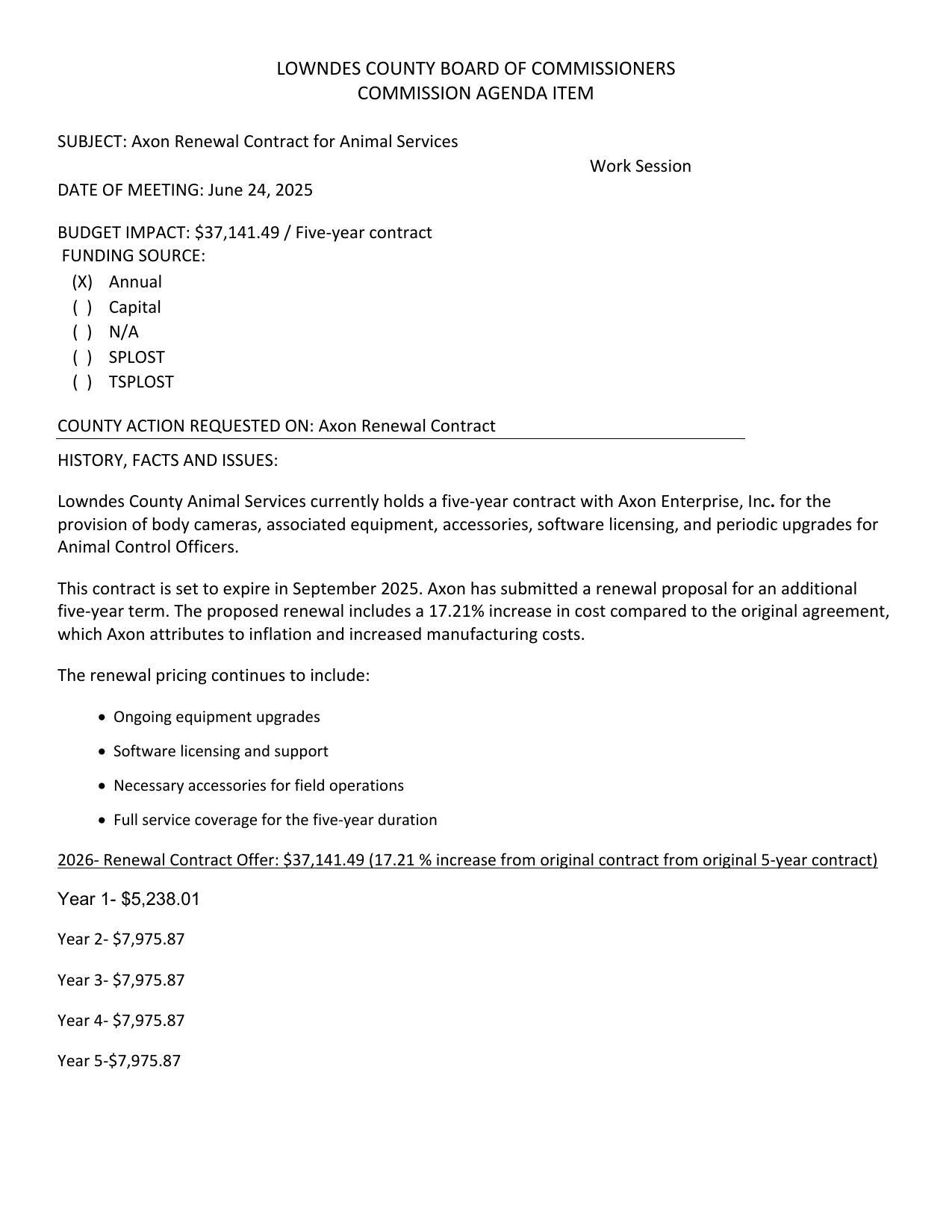 BUDGET IMPACT: $37,141.49 / Five-year contract, 17.21% increase