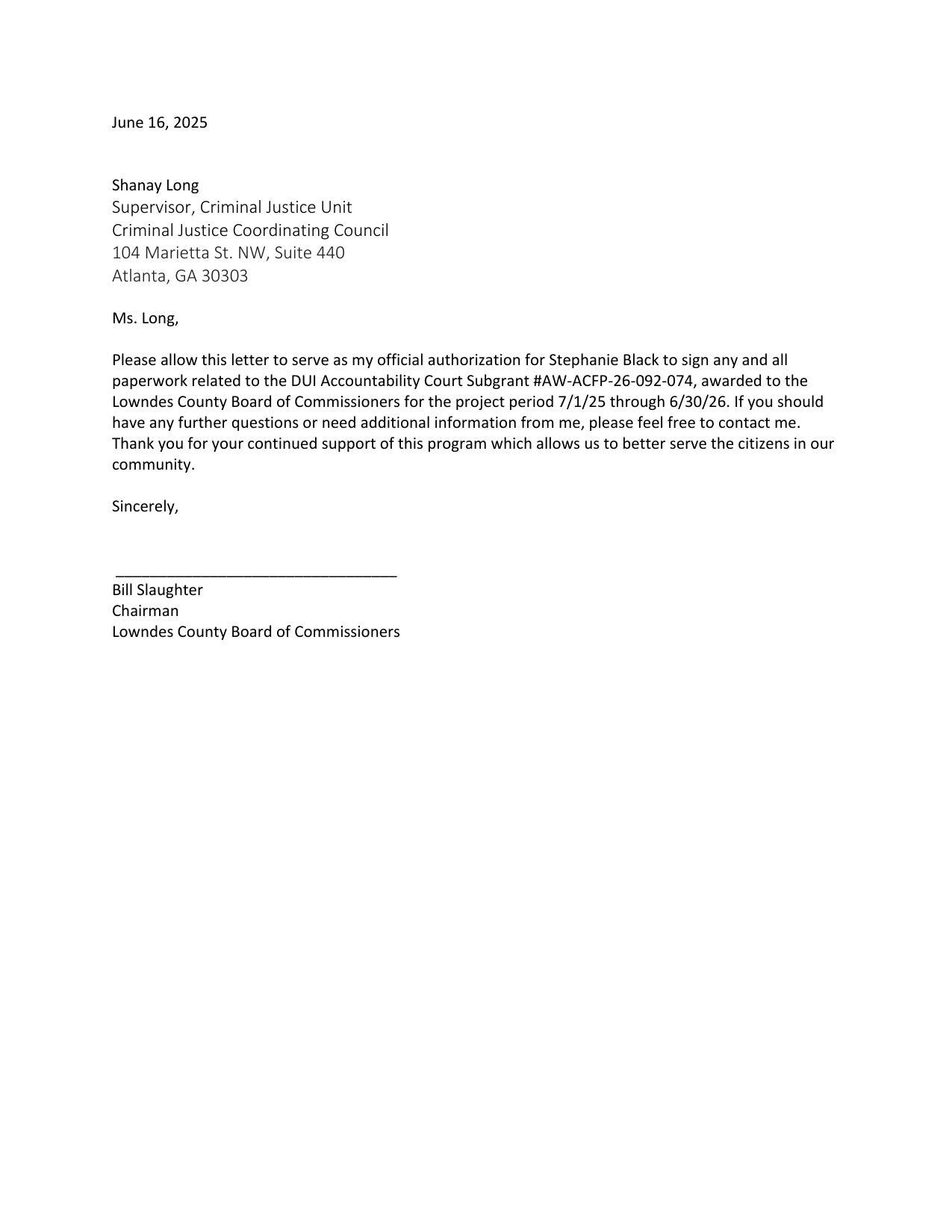 Authorization for Stephanie Black to sign