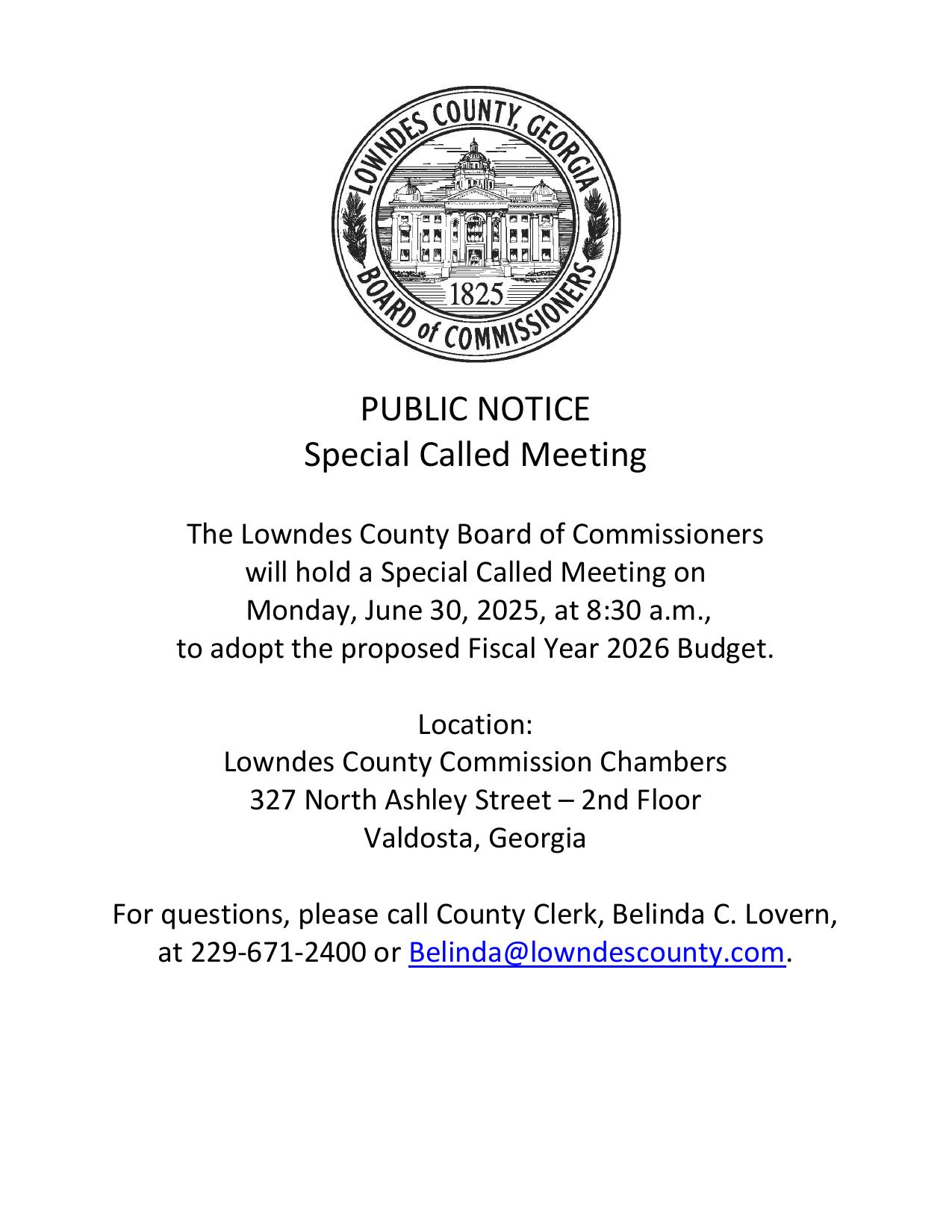 Notice of Special Called Meeting to Adopt the FY 2026 Budget