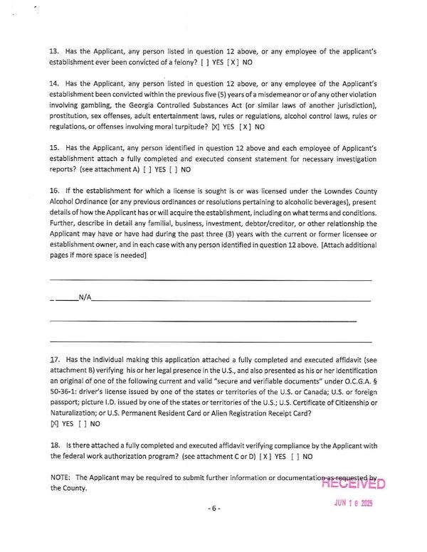 16. If the establishment for which a license is sought is or was licensed under the Lowndes County