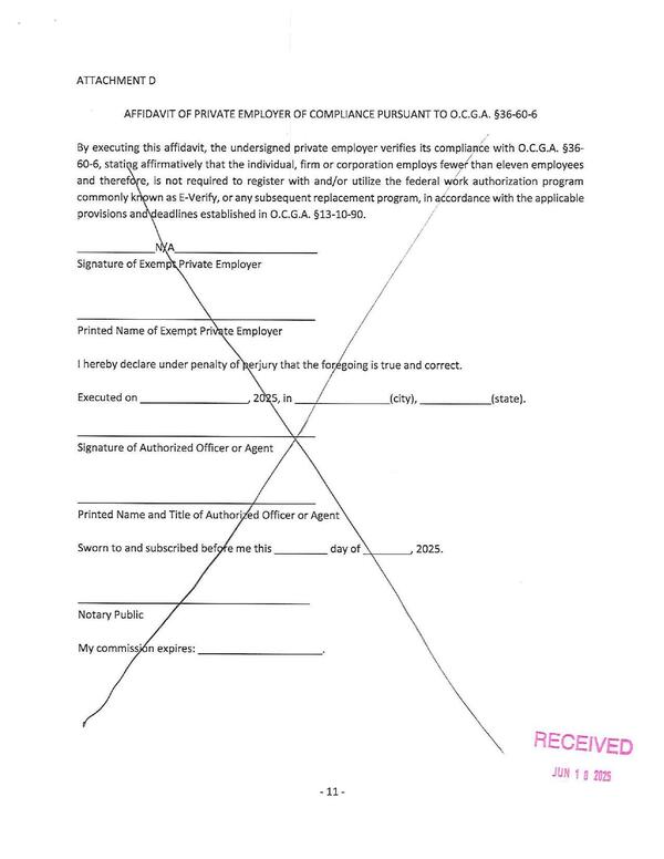 Attachment D: AFFIDAVIT OF PRIVATE EMPLOYER OF COMPLIANCE PURSUANT TO O.C.G.A. §36-60-6