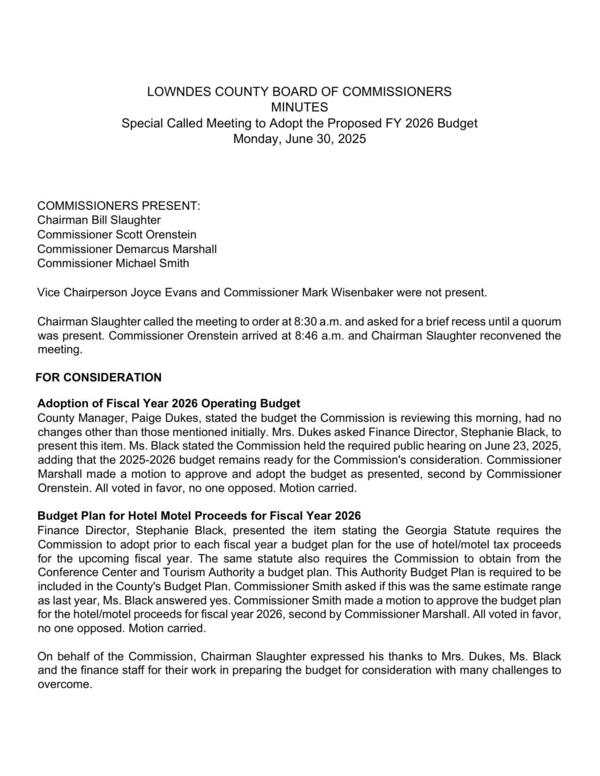 [Minutes, Special Called Meeting to Adopt the FY 2026 Budget, 2025-06-30]