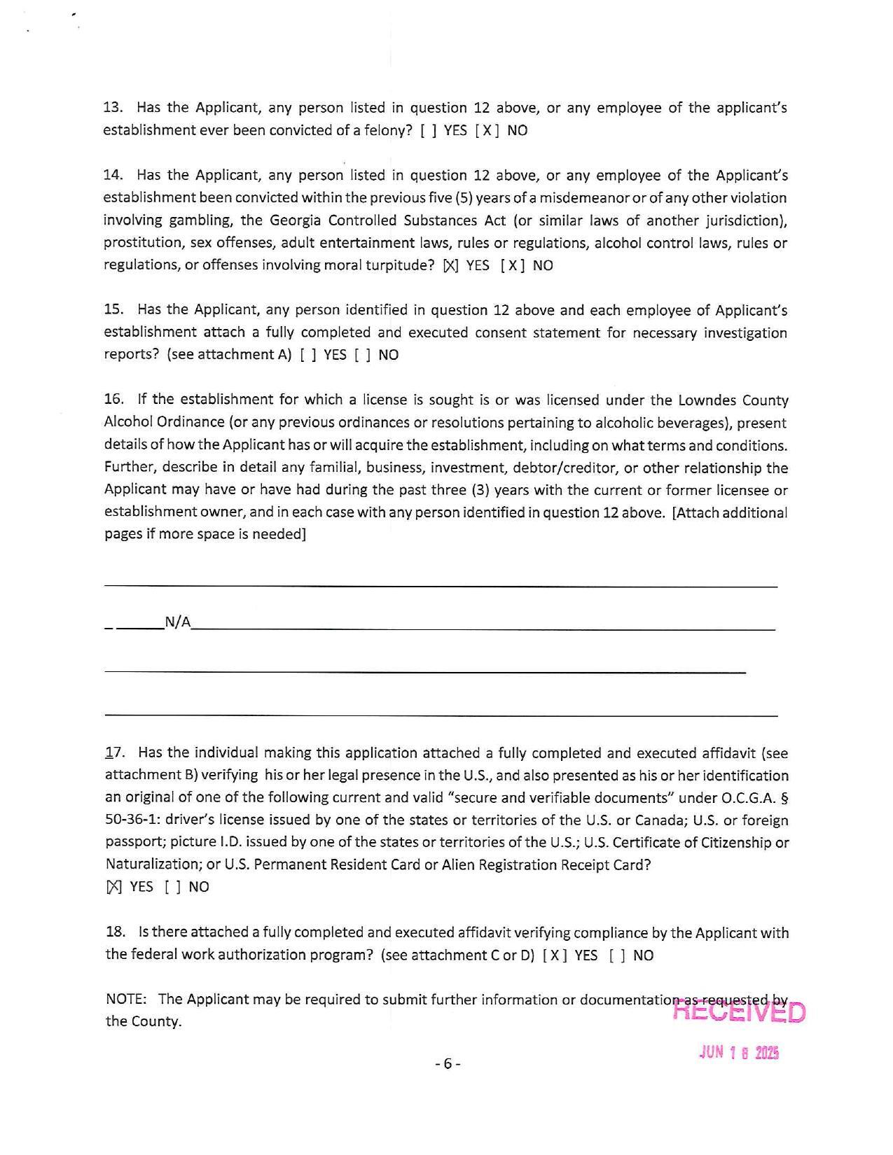 16. If the establishment for which a license is sought is or was licensed under the Lowndes County