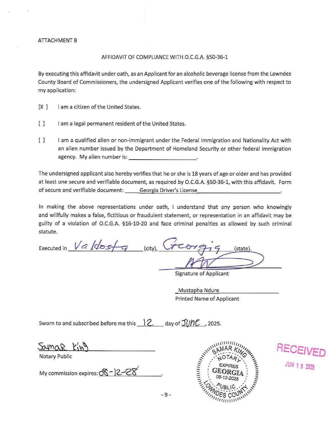 AFFIDAVIT OF COMPLIANCE WITH O.C.G.A. §50-36-1