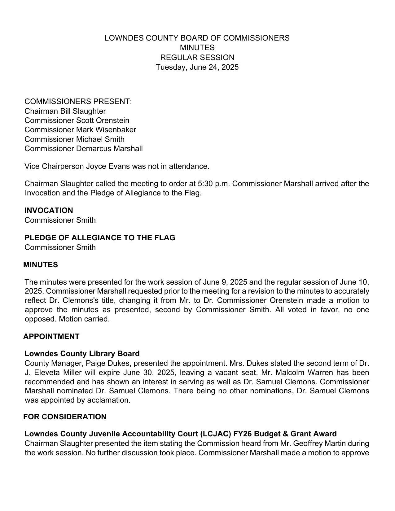 Minutes, Regular Session, 2025-06-24