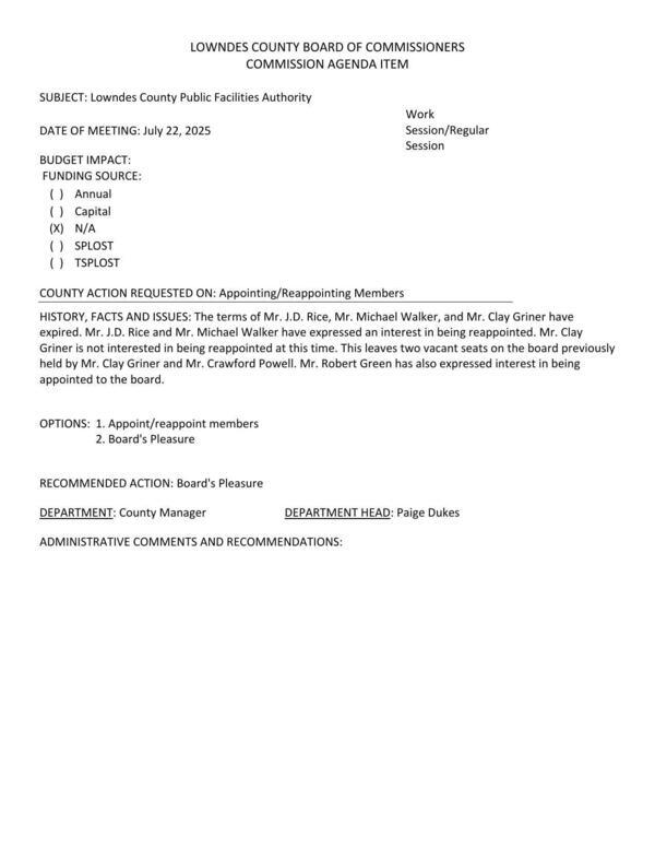 [The terms of Mr. J.D. Rice, Mr. Michael Walker, and Mr. Clay Griner have expired. Mr. J.D. Rice and Mr. Michael Walker have expressed an interest in being reappointed. Mr. Clay Griner is not interested in being reappointed at this time. This leaves two vacant seats on the board previously held by Mr. Clay Griner and Mr. Crawford Powell. Mr. Robert Green has also expressed interest in being appointed to the board.]
