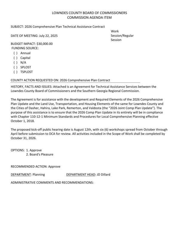 [BUDGET IMPACT: $30,000.00 purpose of this assistance is to ensure that the 2026 Comp Plan Update in its entirety will be in compliance]