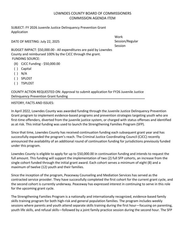 [BUDGET IMPACT: $50,000.00 - All expenditures are paid by Lowndes County and reimbursed 100% by the CJCC through the grant.]