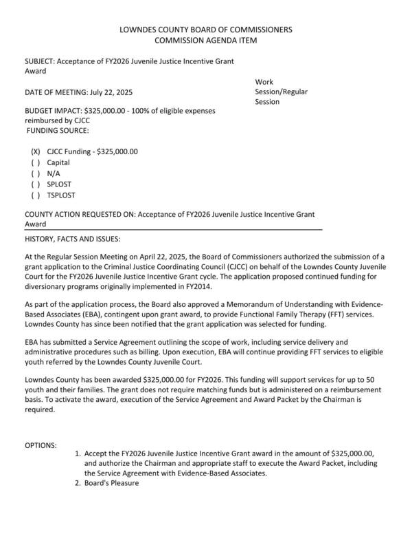 [BUDGET IMPACT: $325,000.00 CJCC Funding 100% of eligible expenses]