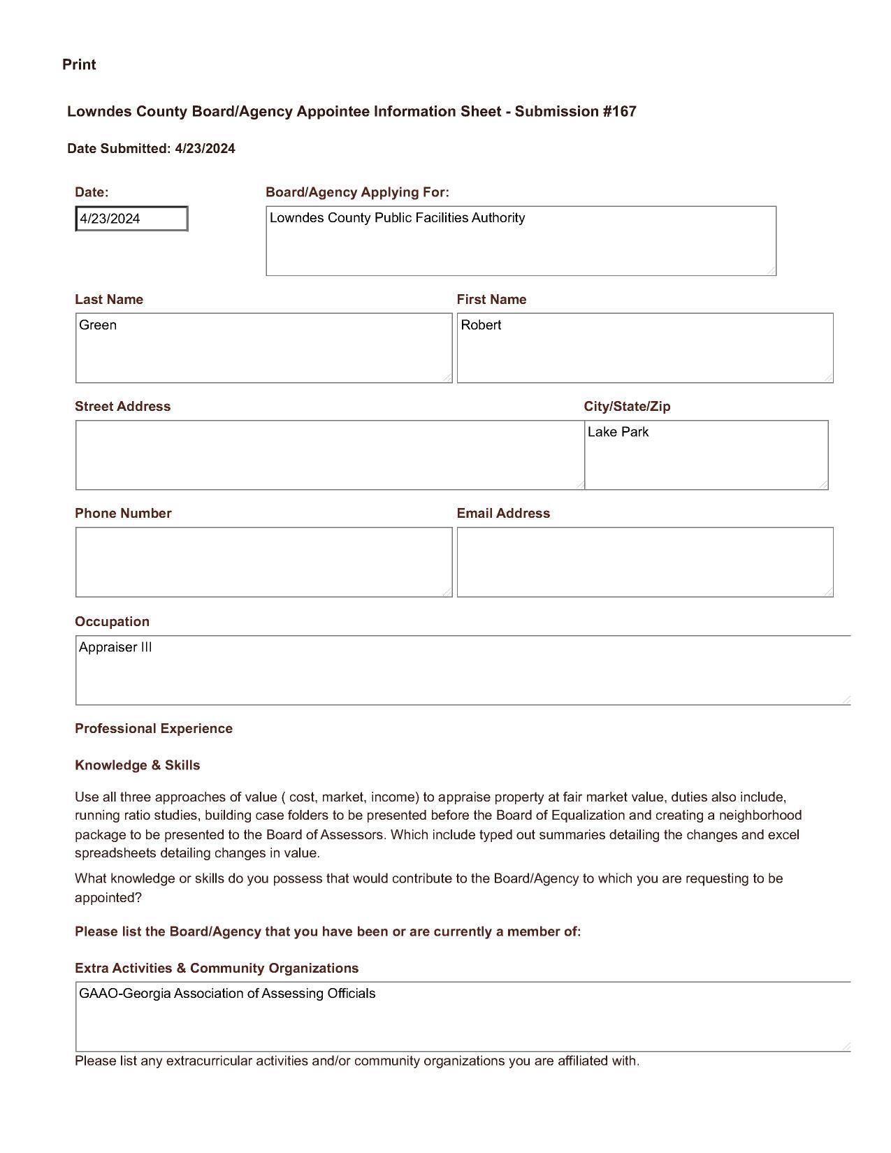 Robert Green application