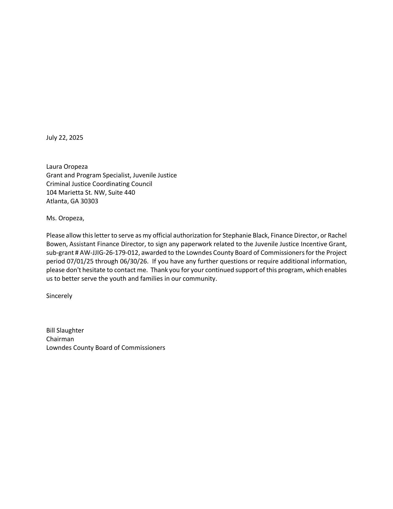 Letter authorizing Stephanie Black or Rache Bowen to sign