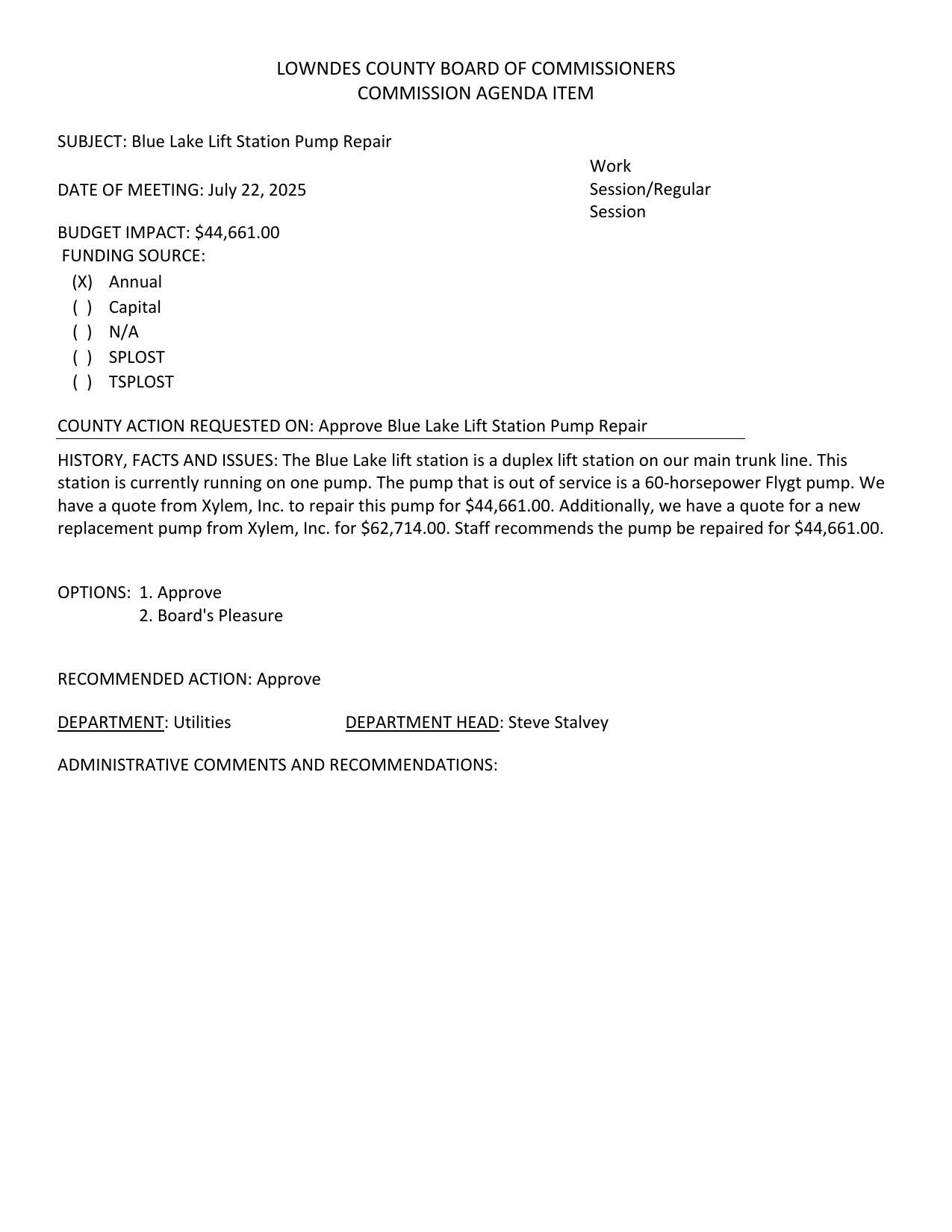 BUDGET IMPACT: $44,661.00 FUNDING SOURCE: (X) Annual