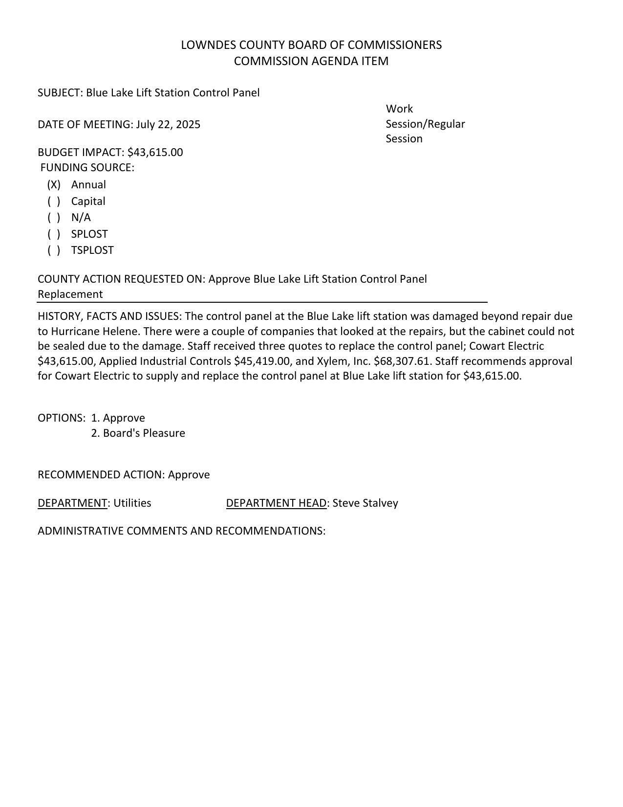 BUDGET IMPACT: $43,615.00 FUNDING SOURCE: (xX) Annual