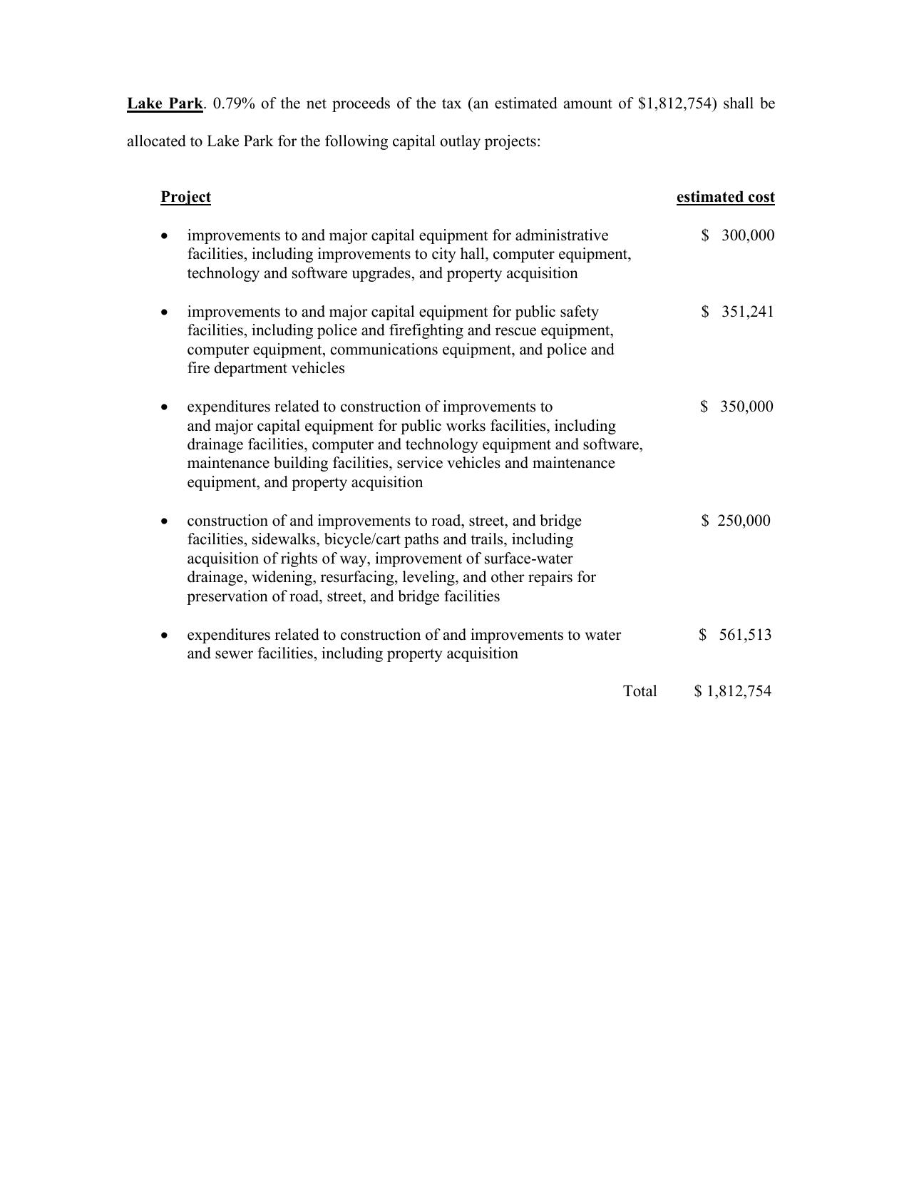 Lake Park Project List, SPLOST IX