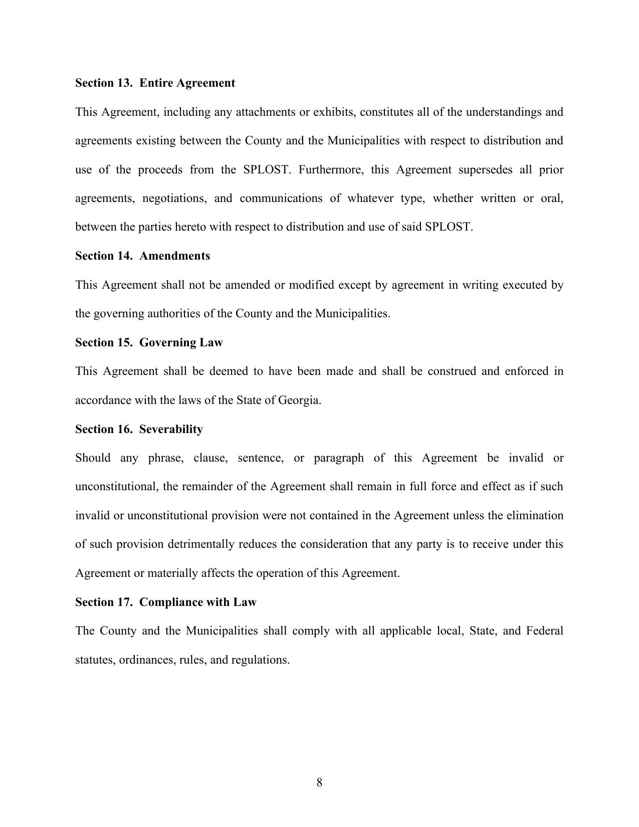 Section 13. Entire Agreement; Section 14. Amendments; Section 15. Governing Law; Section 16. Severability; Section 17. Compliance with Law