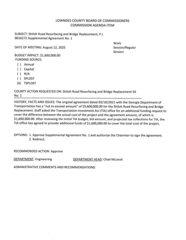 [BUDGET IMPACT: $-1,600,000.00 FUNDING SOURCE: (xX) TSPLOST]