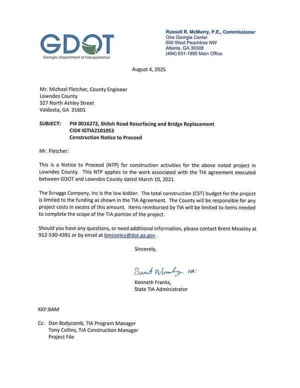 This is a Notice to Proceed (NTP) for construction activities for the above noted project in