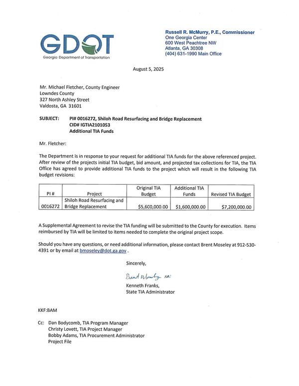 The Department is in response to your request for additional TIA funds for the above referenced project.