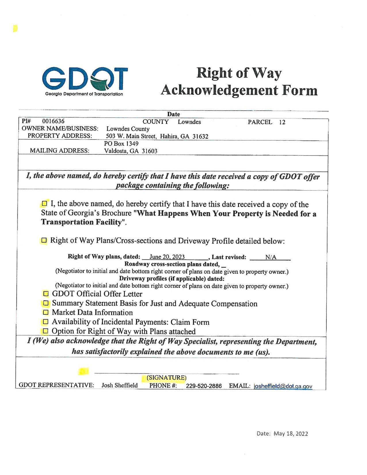 Right of Way Acknowledgement Form