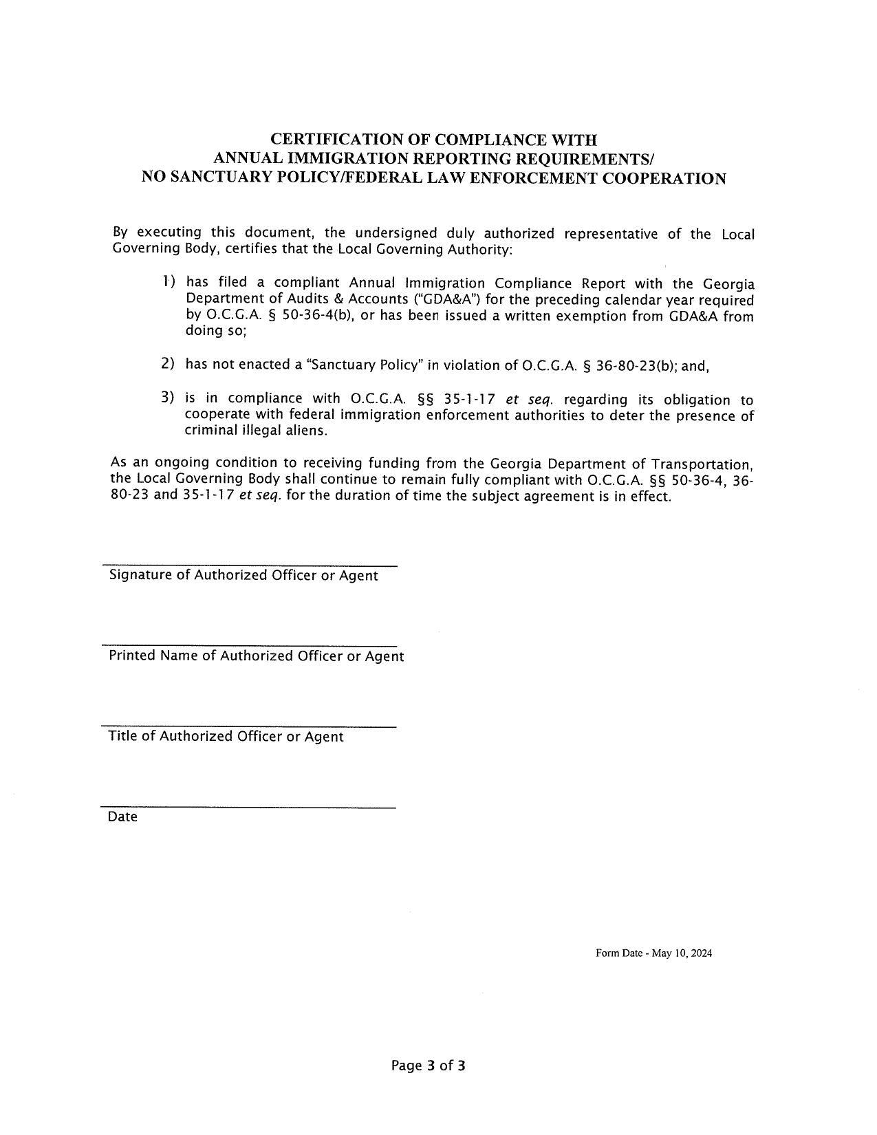 CERTIFICATION OF COMPLIANCE WITH ANNUAL IMMIGRATION REPORTING REQUIREMENTS/ NO SANCTUARY POLICY/FEDERAL LAW ENFORCEMENT COOPERATION