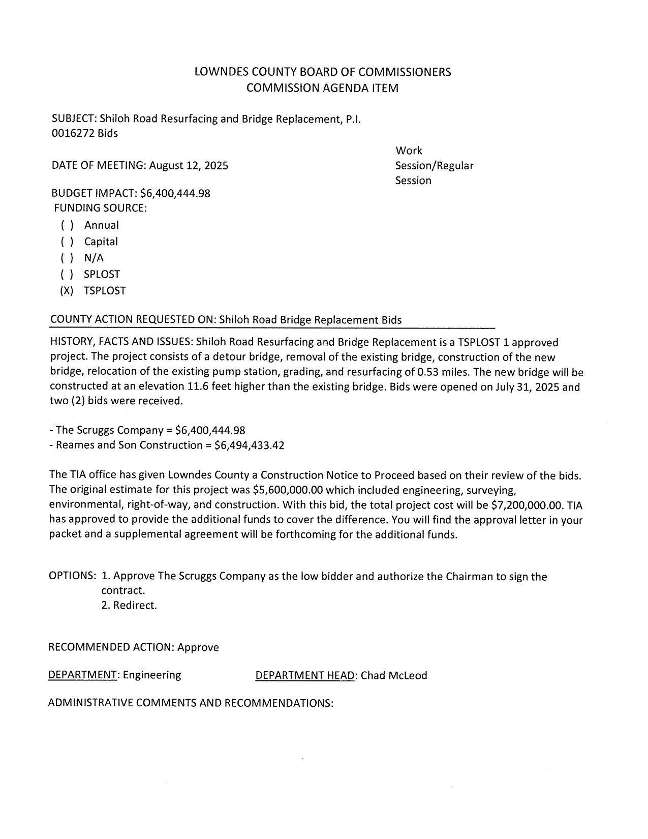 BUDGET IMPACT: $6,400,444.98 two bids