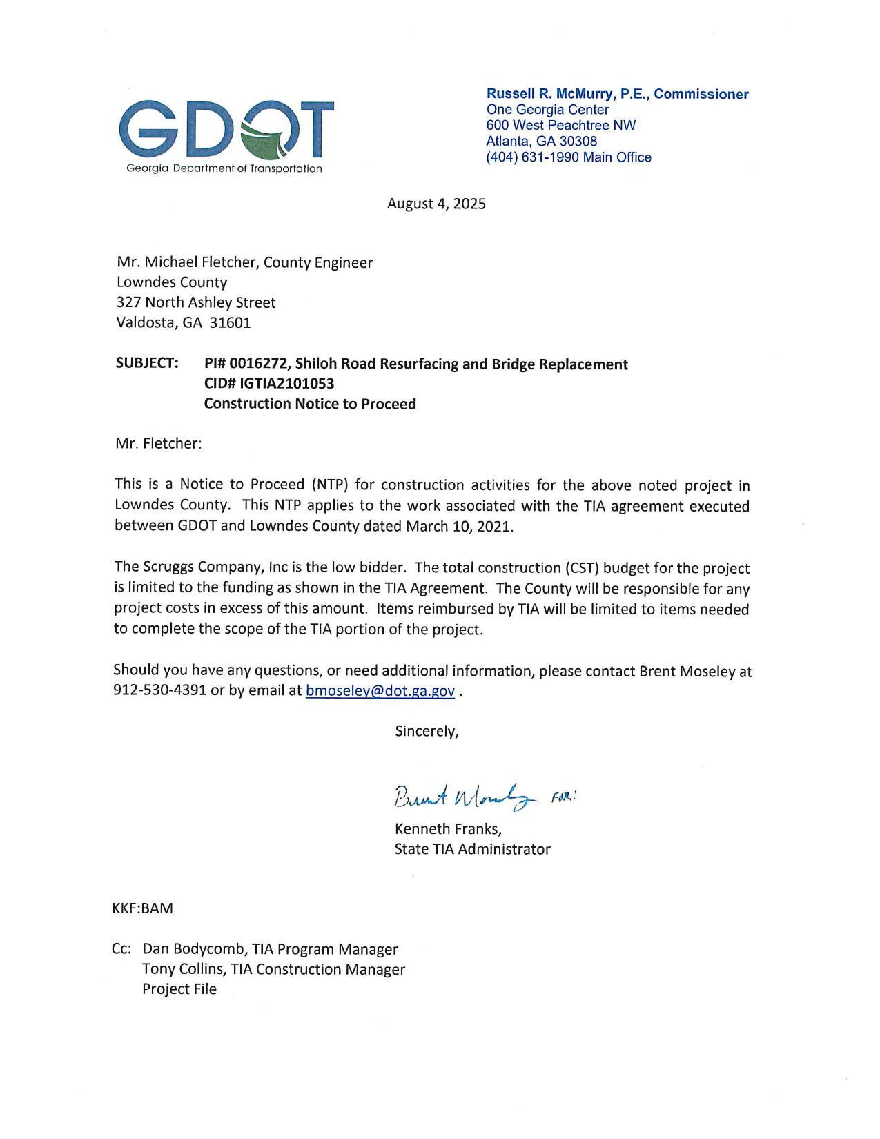 This is a Notice to Proceed (NTP) for construction activities for the above noted project in