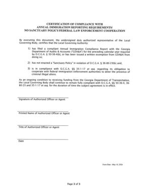 [CERTIFICATION OF COMPLIANCE WITH ANNUAL IMMIGRATION REPORTING REQUIREMENTS/ NO SANCTUARY POLICY/FEDERAL LAW ENFORCEMENT COOPERATION]