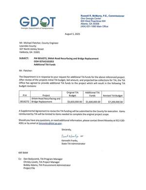 [The Department is in response to your request for additional TIA funds for the above referenced project.]