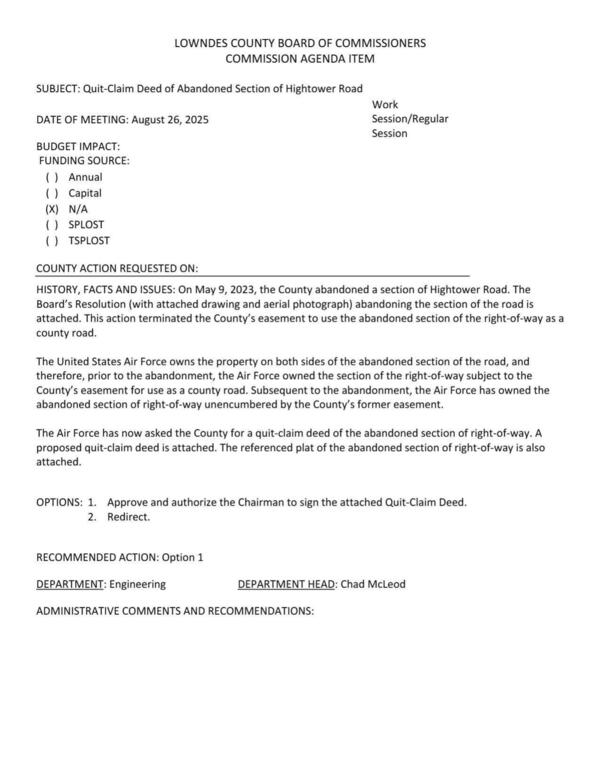 [The Air Force has now asked the County for a quit-claim deed of the abandoned section of right-of-way.]