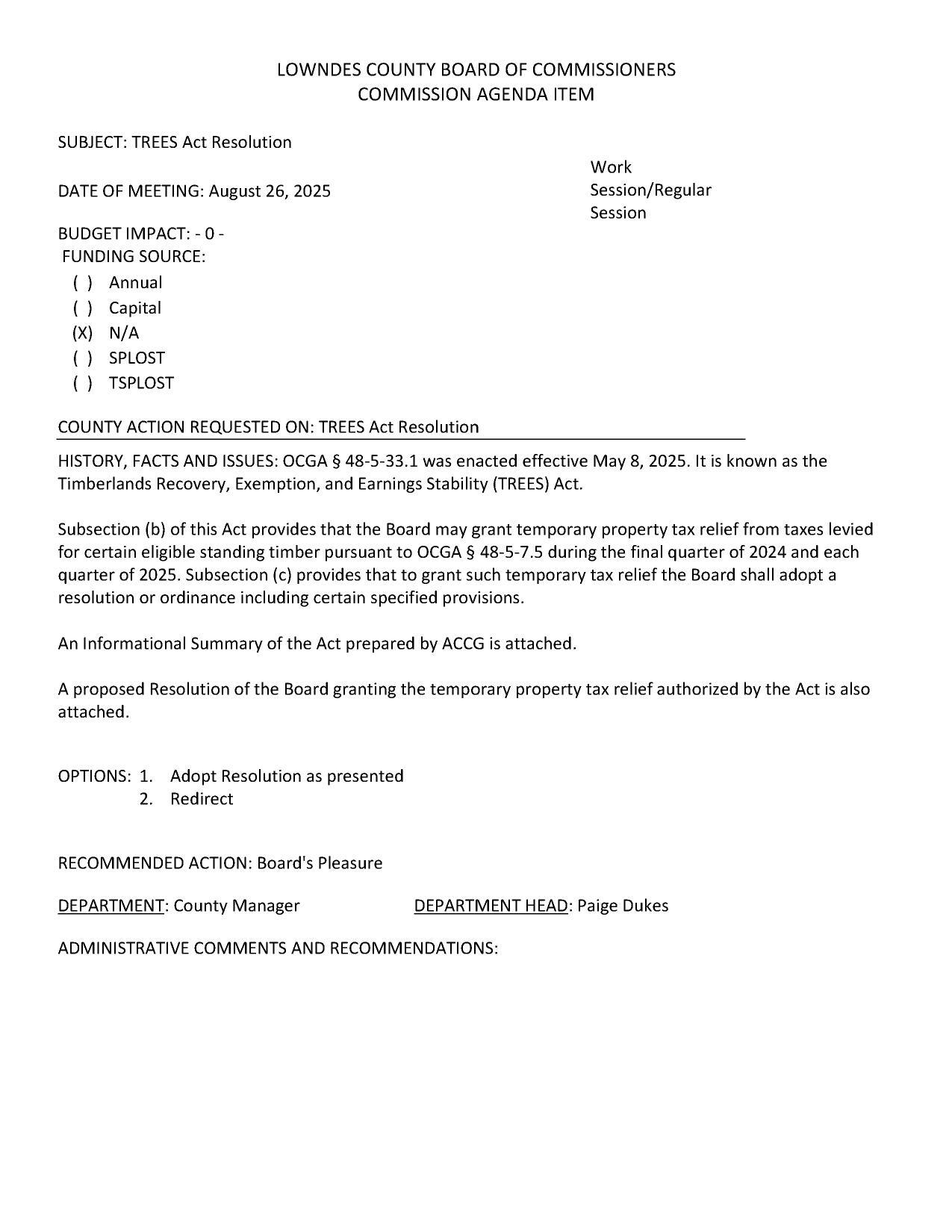 Subsection (b) of this Act provides that the Board may grant temporary property tax relief from taxes levied for certain eligible standing timber pursuant to OCGA § 48-5-7.5 during the final quarter of 2024 and each quarter of 2025. Subsection (c) provides that to grant such temporary tax relief the Board shall adopt a resolution or ordinance including certain specified provisions.