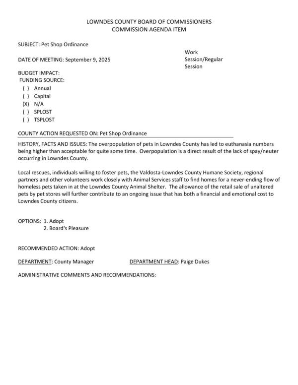 [The overpopulation of pets in Lowndes County has led to euthanasia numbers being higher than acceptable for quite some time. Overpopulation is a direct result of the lack of spay/neuter occurring in Lowndes County.]