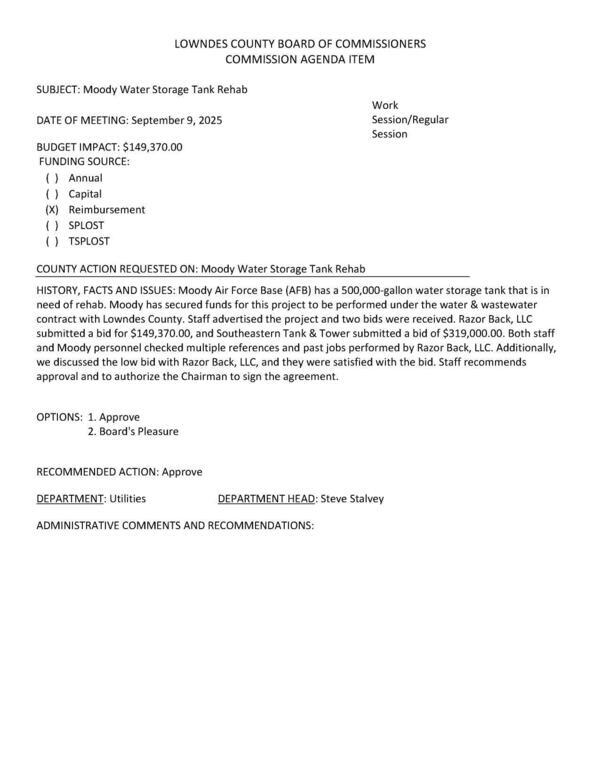 [BUDGET IMPACT: $149,370.00 FUNDING SOURCE: (X) Reimbursement. Two bids.]
