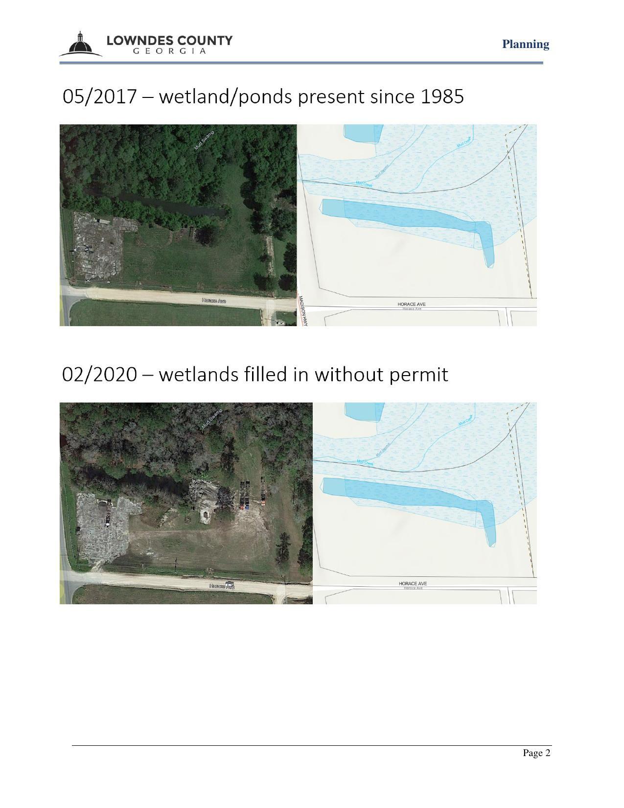 Aerial Maps: 05/2017 — wetland/ponds present since 1985; 02/2020 — wetlands filled in without permit