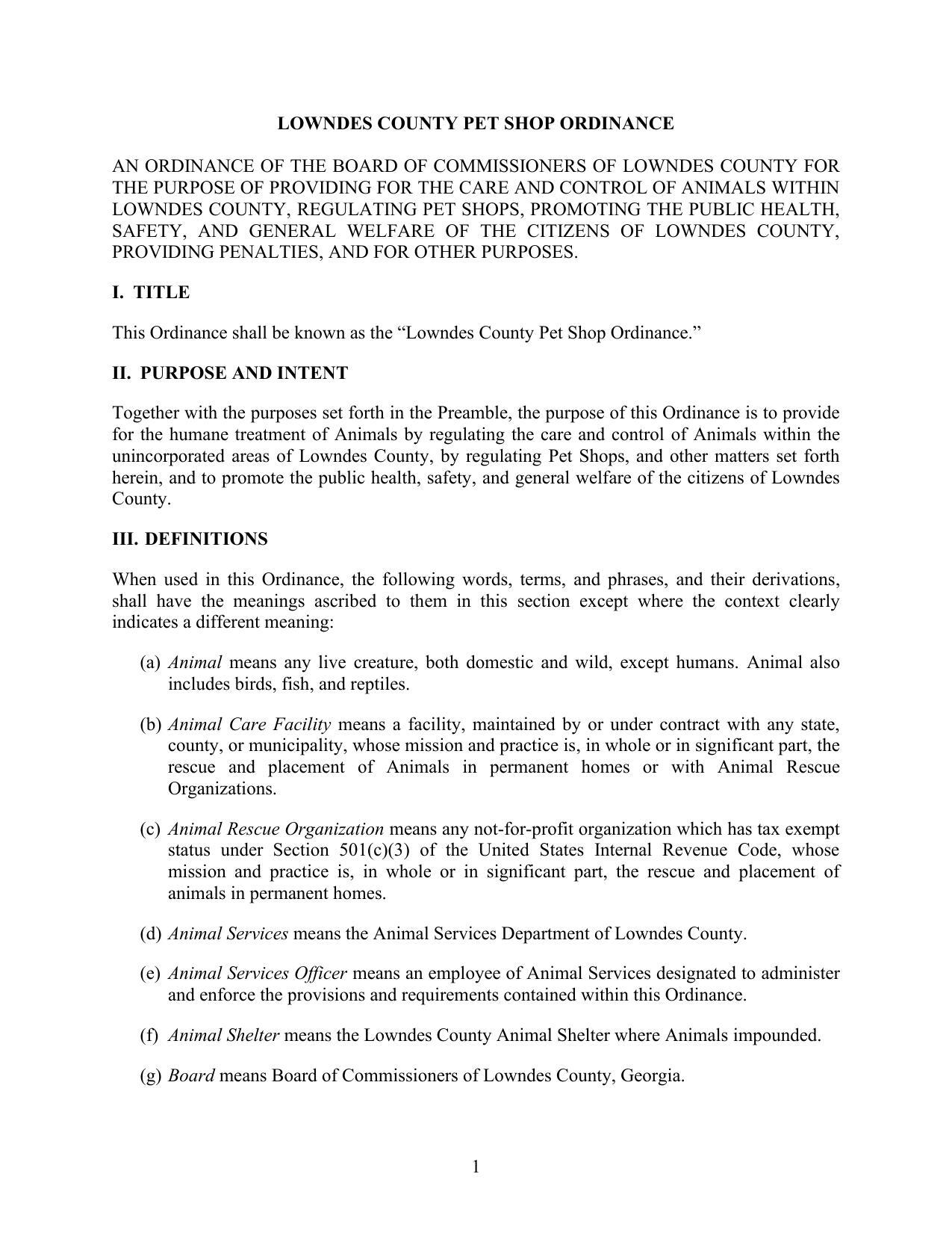 LOWNDES COUNTY PET SHOP ORDINANCE