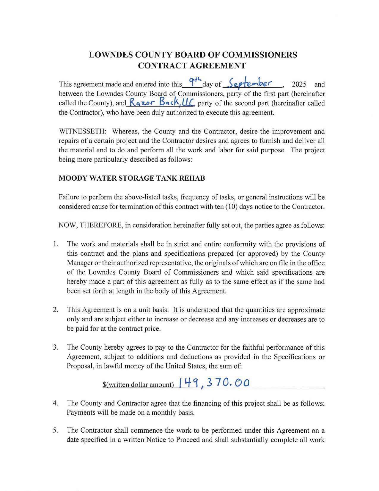 CONTRACT AGREEMENT with Razor Back LLC