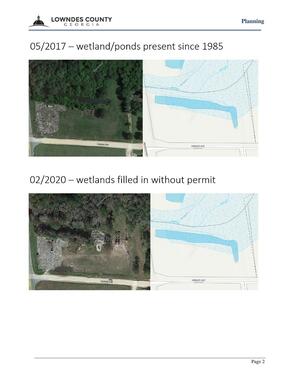 [Aerial Maps: 05/2017 — wetland/ponds present since 1985; 02/2020 — wetlands filled in without permit]
