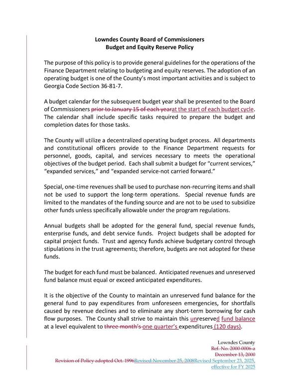 Lowndes County Board of Commissione Budget and Equity Reserve Policy