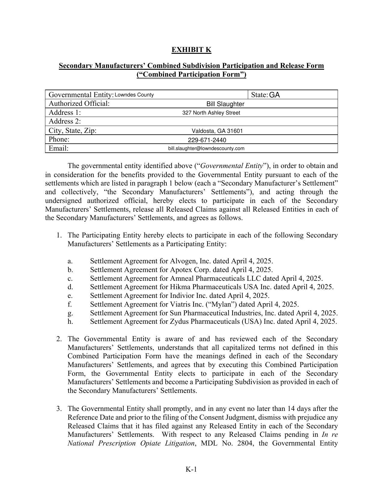 Secondary Manufacturers’ Combined Subdivision Participation and Release Form