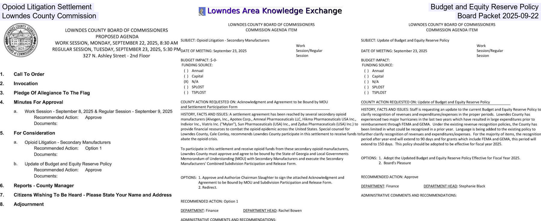 Opioid Litigation Settlement, Budget and Equity Reserve Policy, Lowndes County Commission, Board Packet 2025-09-22