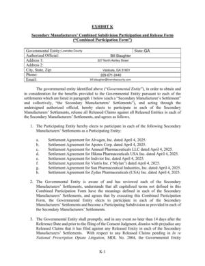 [Secondary Manufacturers’ Combined Subdivision Participation and Release Form]