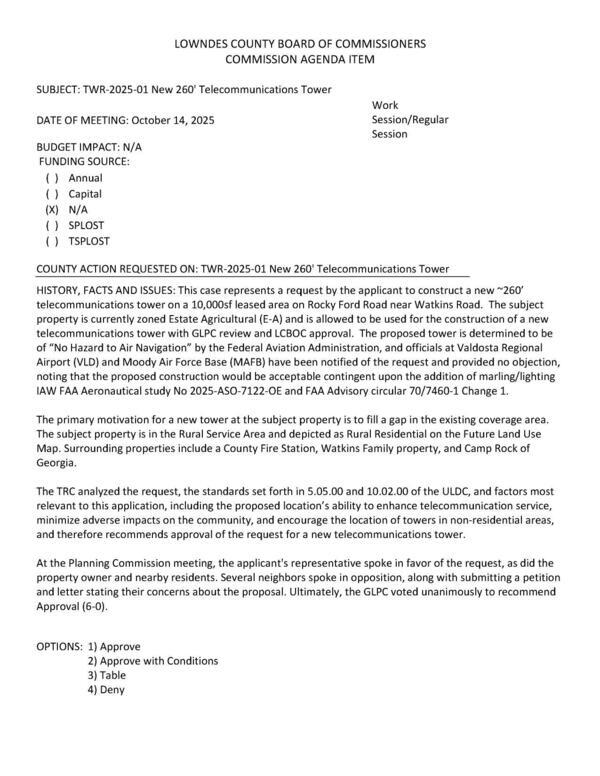 [to construct a new ~260-foot telecommunications tower on a 10,000sf leased area on Rocky Ford Road near Watkins Road.]