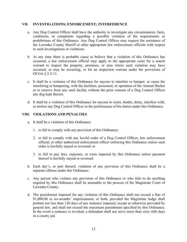 VII. INVESTIGATIONS; ENFORCEMENT; INTERFERENCE, VIII. VIOLATIONS AND PENALTIES