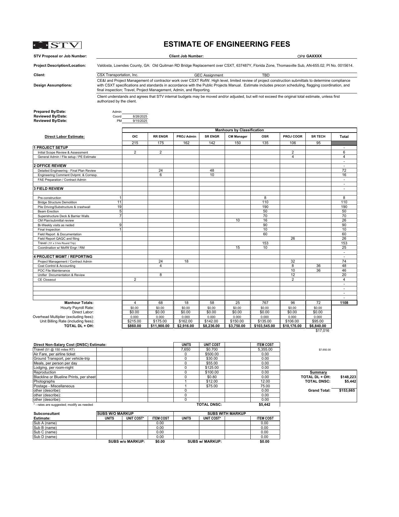 ESTIMATE OF ENGINEERING FEES
