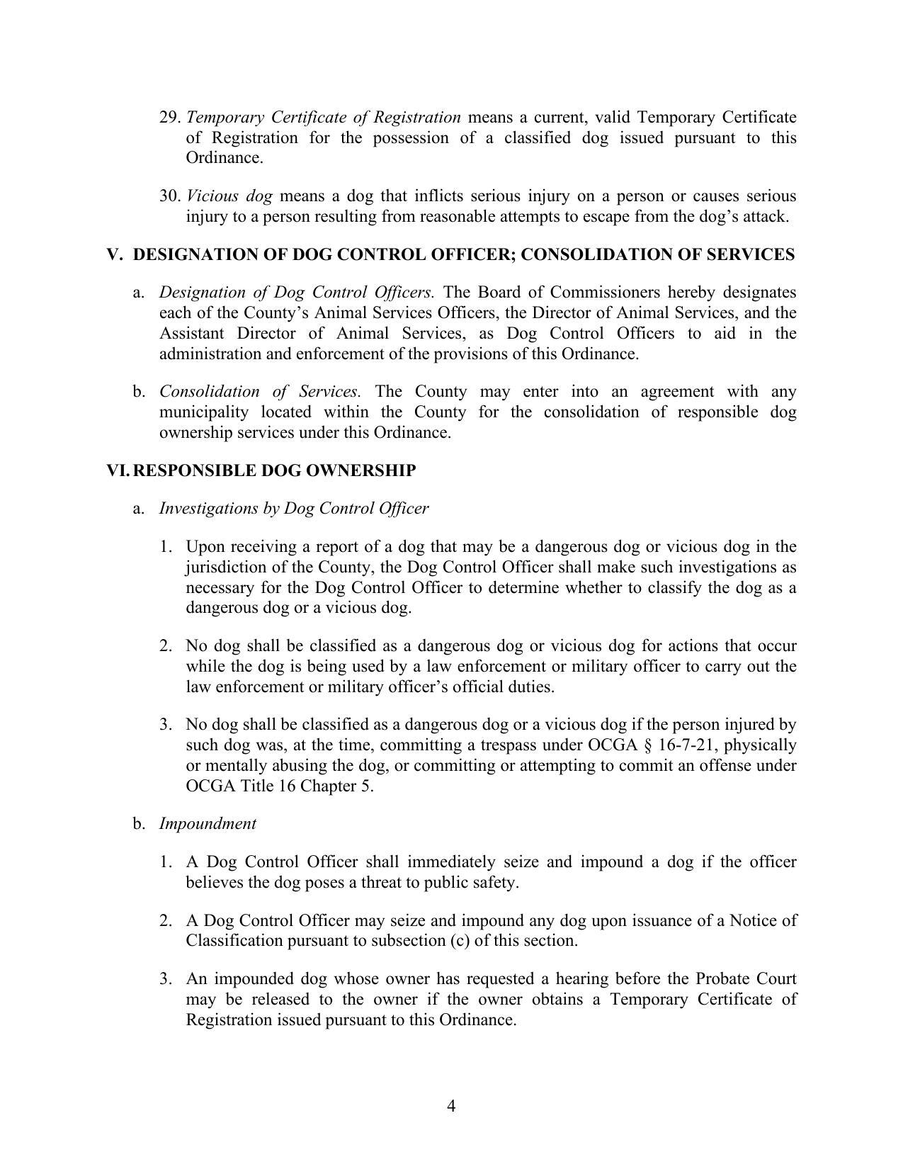 V. DESIGNATION OF DOG CONTROL OFFICER; CONSOLIDATION OF SERVICES; VI. RESPONSIBLE DOG OWNERSHIP
